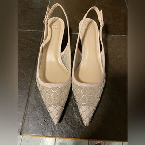 Size 81/2 NWOT slingback kitten heels. Taupe / neutral color with rhinestones.